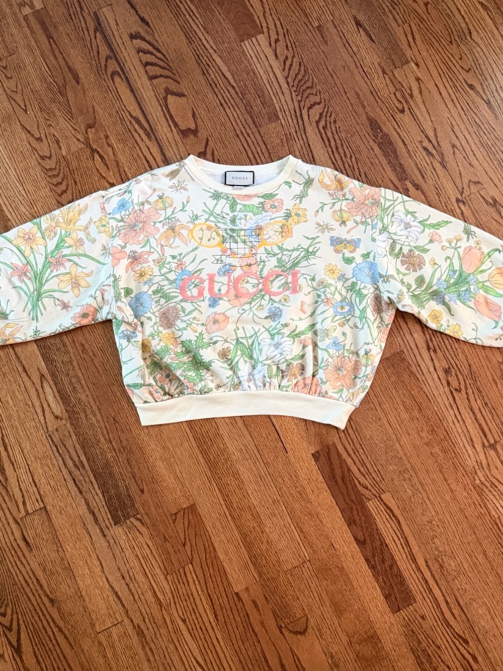 Gucci Cream Floral Logo Cropped Sweatshirt with Pastel Blooms